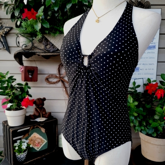 SPEEDO ♡ Sweet 1pc Black 'n White Polka Dot Low V Padded Bralette Swimsuit 10 - Picture 13 of 16